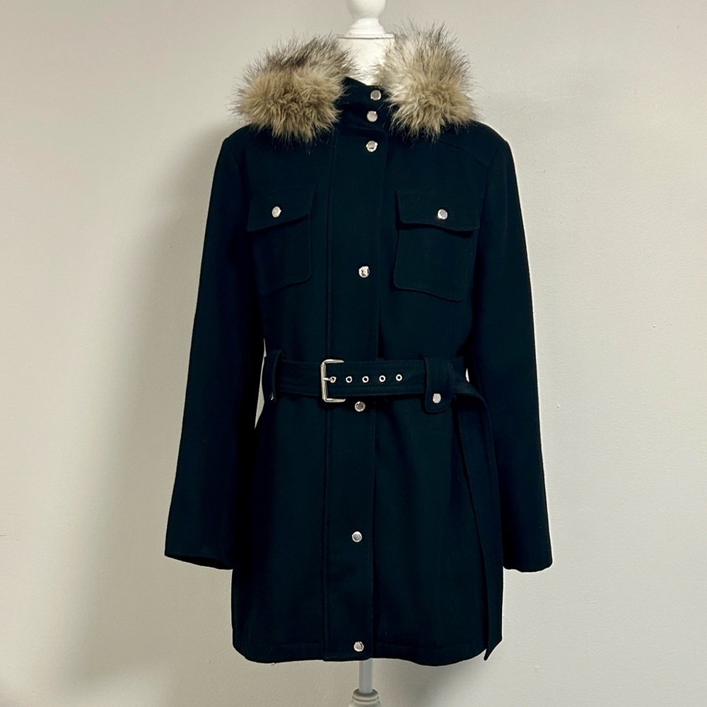 Esprit Black Fur Trim Hooded Coat | Women’s Size XL Belted